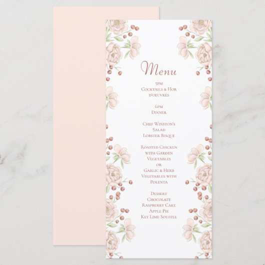Rosa Hochzeitsmenüs in Rosatönen Menükarte (Vorne/Hinten)