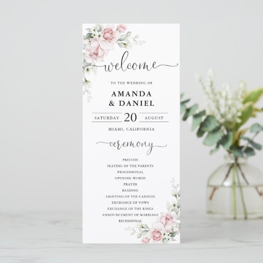 Rosa Hochzeitsprogramm mit blassem Rosa Programm (Stehend Vorderseite)