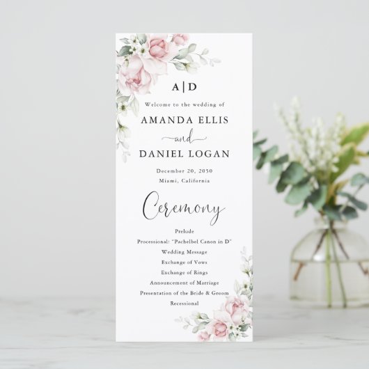 Rosa Hochzeitsprogramm mit blassem Rosa Programm (Stehend Vorderseite)