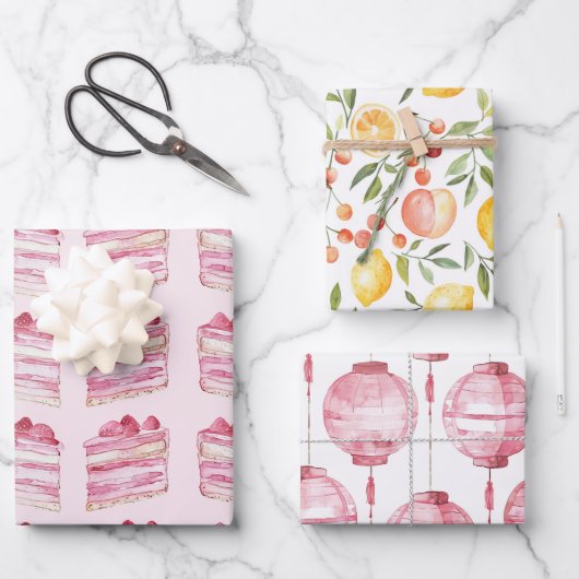 Rosa Hochzeitstorte Zitronen Laternen Brautparty Geschenkpapier Set (Vorderseite)