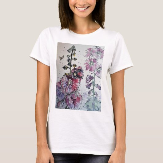 Rosa Hollyhock Aquarellfarbe Farbe Farbe Shirt (Vorderseite)