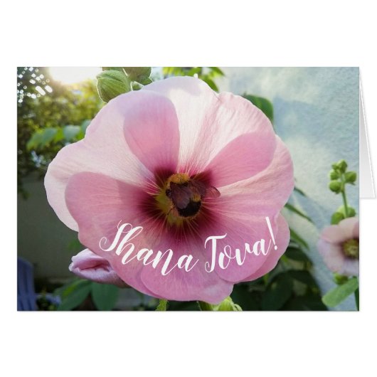 Rosa Hollyhock-Blume mit Bee Rosh Hashanah Card (Vorderseite (Horizontal))
