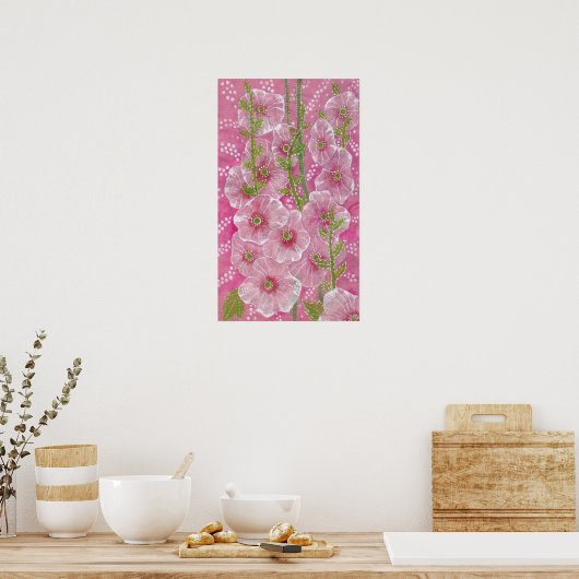 Rosa Hollyhock Malva Blume Blumengemälde Poster (Küche)