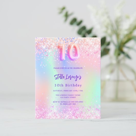 Rosa holografische Einladung zum 10. (Stehend Vorderseite)
