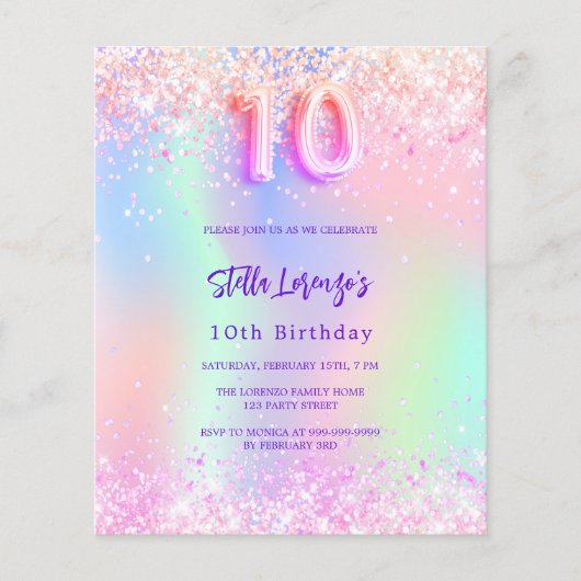 Rosa holografische Einladung zum 10. (Vorderseite)