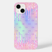 Rosa holografische Glitzer Tropfen Monogramm Case-Mate iPhone Hülle (Rückseite)
