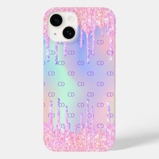 Rosa holografische Glitzer Tropfen Monogramm Case-Mate iPhone Hülle (Rückseite)