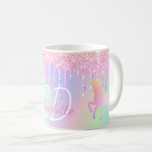 Rosa holografische Monogrammbezeichnung Unicorn Gl Kaffeetasse (VorderseiteRechts)