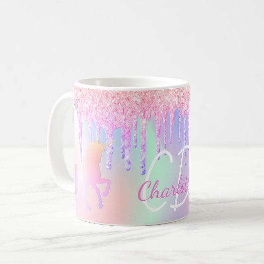 Rosa holografische Monogrammbezeichnung Unicorn Gl Kaffeetasse (Vorderseite Links)