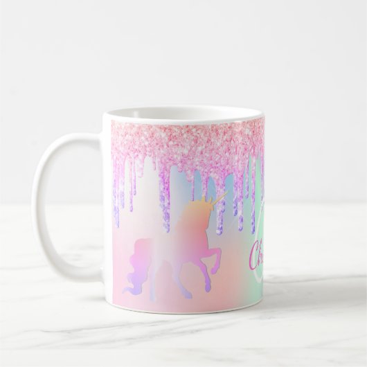 Rosa holografische Monogrammbezeichnung Unicorn Gl Kaffeetasse (Links)