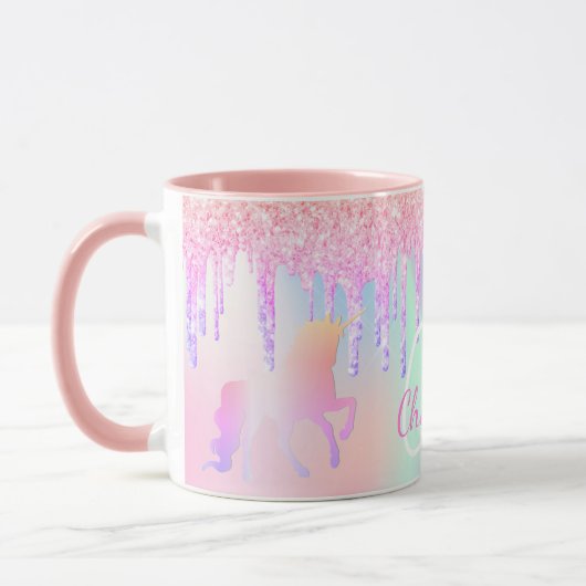 Rosa holografische Monogrammbezeichnung Unicorn Gl Tasse (Links)
