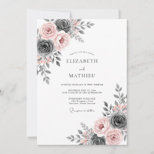 Rosa Holzkohlegrau Ätherische Blumige Hochzeit Einladung