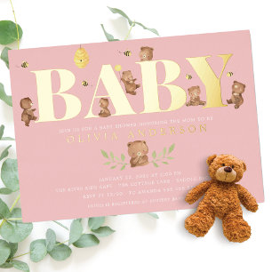 Rosa Honigbär-Baby-Shower-Folie-Einladung Folieneinladung