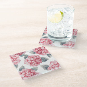 Rosa Hortensien Aquarell Blumenmalerei Glasuntersetzer