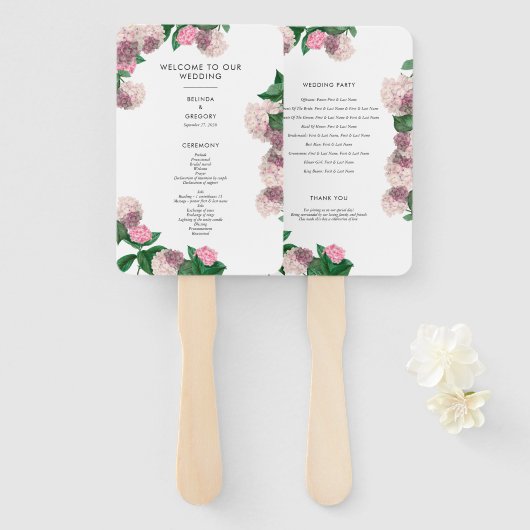 Rosa Hortensien-Blumen-Grün-Hochzeitsprogramm Fächer (Vorne und Hinten)