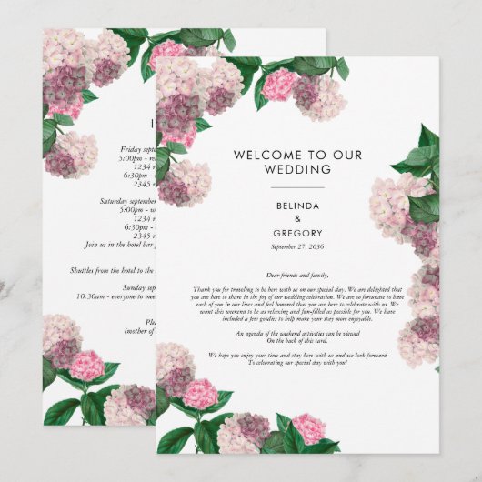 Rosa Hortensien-Blumen-Grün-Hochzeitsprogramm Programm (Vorne/Hinten)
