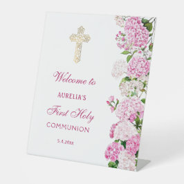 Rosa Hortensien Erster Kommunion Willkommen Sockelschild