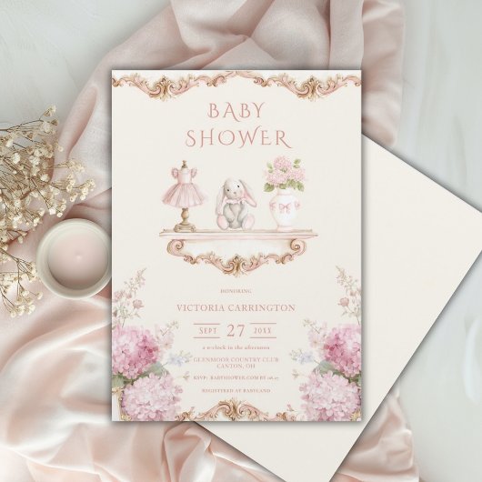 Rosa Hortensien Vintage-Baby-Shower-Einladung Einladung