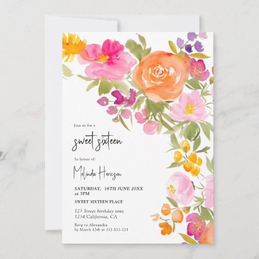 Rosa Hübsch romantische Sommerblumensüß 16 Einladung (Vorderseite)