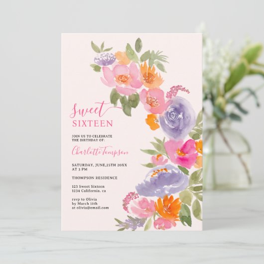 Rosa Hübsche bohfarbige Wasserfarbe süß 16 Einladung (Stehend Vorderseite)