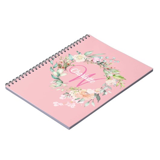 Rosa Hübsche Rose Floral Monogramm Notizblock (Linke Seite)