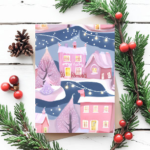 Rosa hübsche Weihnachtsstadt   Wasserfarbe Girly Feiertagspostkarte