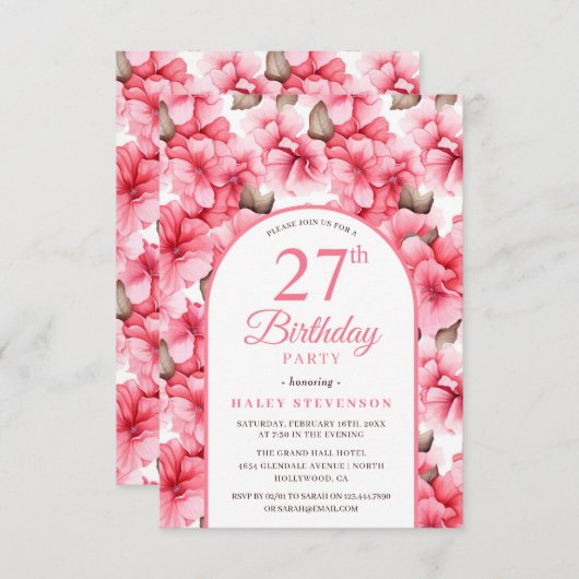 Rosa Hübscher Garten Blumengarten Chic 27. Geburts Einladung (Vorne/Hinten)