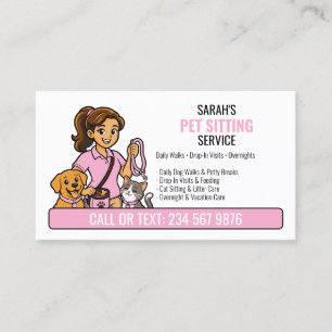 Rosa Hund Katze Cartoon Mädchen QR Pet Sitting Visitenkarte