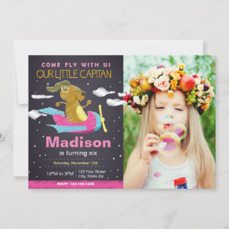 Rosa Hunde Flugzeug Geburtstag Einladung mit Foto