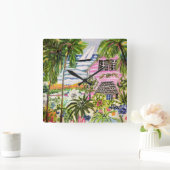 Rosa Hütte an der Bucht I Quadratische Wanduhr (Zuhause)