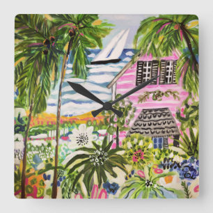 Rosa Hütte an der Bucht I Quadratische Wanduhr