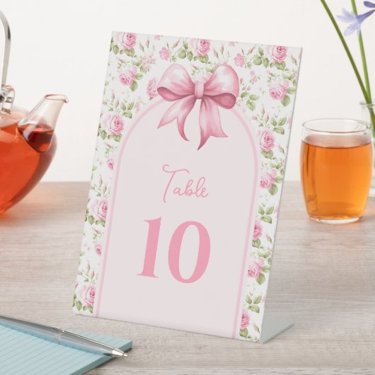 Rosa Hütte Rose mit Bow Coquette Tischnummer Sockelschild (In Situ)