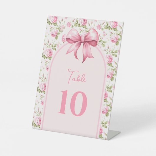 Rosa Hütte Rose mit Bow Coquette Tischnummer Sockelschild (Vorderseite)