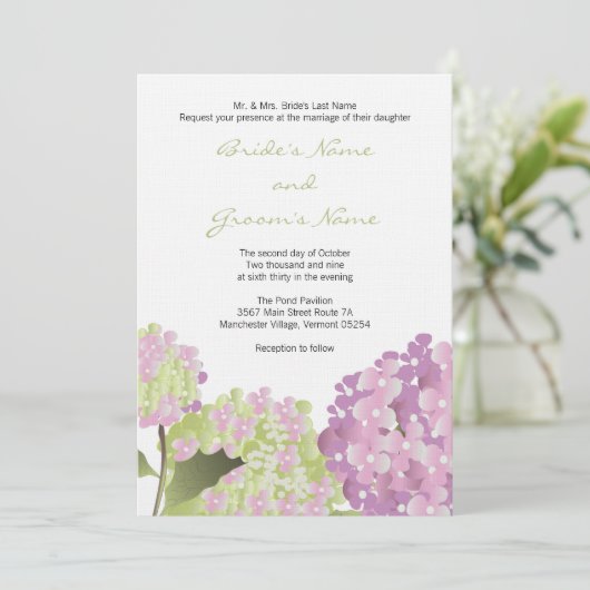 Rosa Hydrangea Hochzeit Einladung (Stehend Vorderseite)