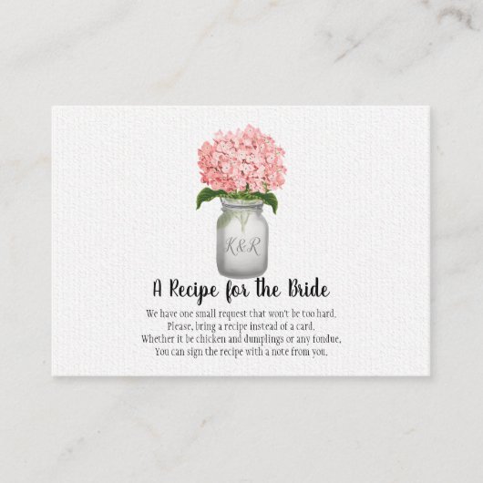 Rosa Hydrangea Monogramm Mason Jar Rezept Visitenkarte (Vorderseite)