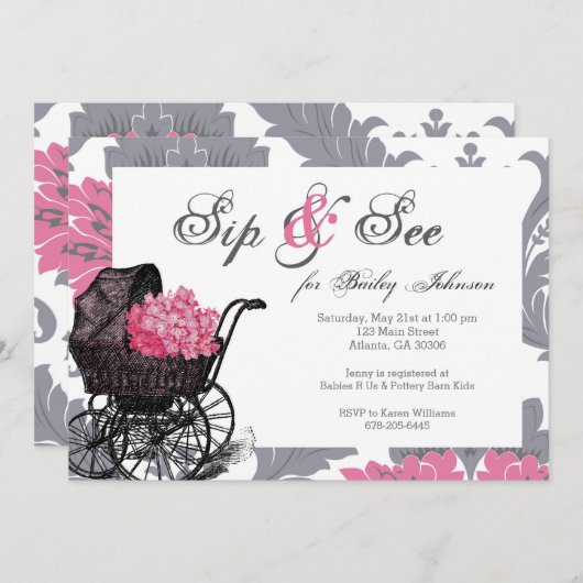 Rosa Hydrangea Sip and See Babydusche Einladung (Vorne/Hinten)