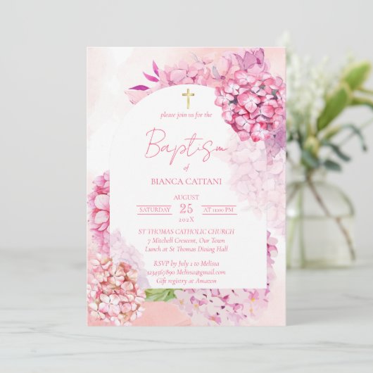 Rosa Hydrangeas elegante blumengeschmückte Taufe Einladung (Stehend Vorderseite)