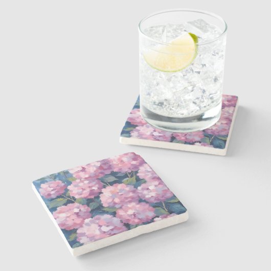 Rosa Hydrangeen Blumen Steinuntersetzer (Seitenansicht)