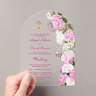 Rosa Hydrangeen-Tor religiöse Hochzeit Acryleinladungen