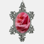 Rosa I Hübsche Blumenfotografie Schneeflocken Zinn-Ornament (Links)
