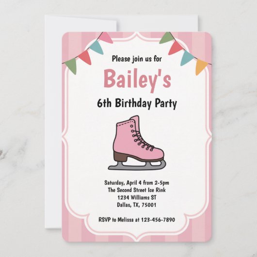 Rosa Ice Skaten Geburtstag Einladung (Vorderseite)
