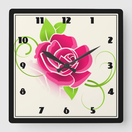 Rosa-Illustration Quadratische Wanduhr (Vorderseite)
