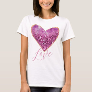 Rosa Imitat-Glitzer-Goldgrenzherz-Liebe T-Shirt