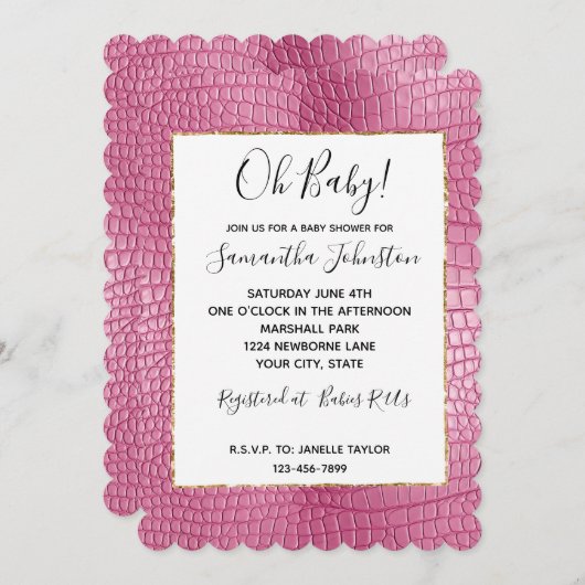 Rosa Imitate Alligator Animal Baby Dusche Einladung (Vorne/Hinten)