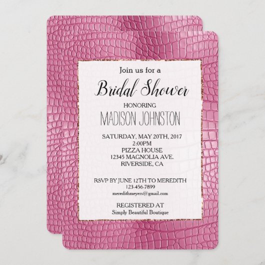 Rosa Imitate Alligator Animal Brautparty Einladung (Vorne/Hinten)
