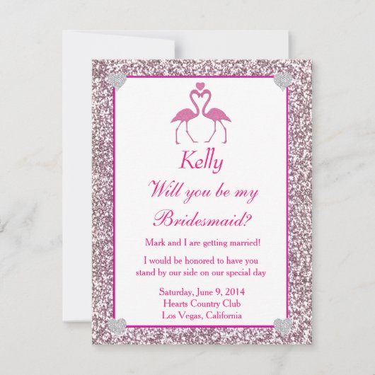 Rosa Imitate Glitzer Flamingo Liebe Bridesmaid Car Einladung (Vorderseite)