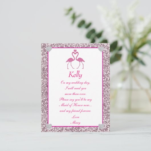 Rosa Imitate Glitzer Flamingo Liebe Trauzeugin Kar Einladung (Stehend Vorderseite)