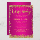 Rosa Imitate Glitzer Girl 1. Geburtstag Einladung (Vorne/Hinten)