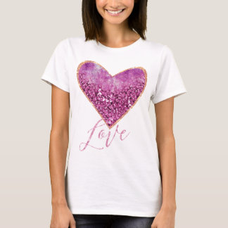 Rosa Imitate Glitzer Gold Border Herz Liebe T-Shirt