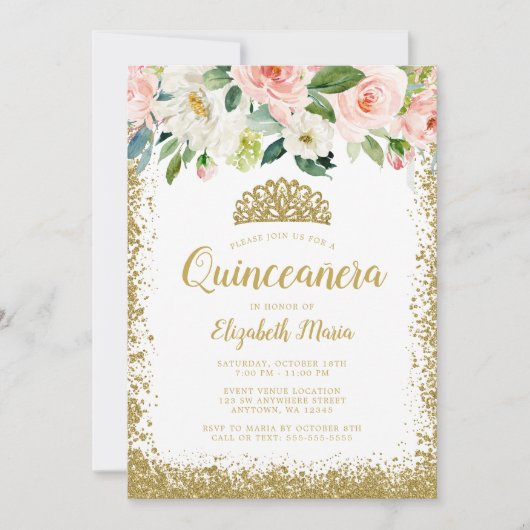 Rosa Imitate Glitzer Tiara Quinceanera Einladung (Vorderseite)